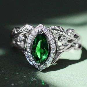 💥 Emerald Marquis Gem Leaf Weave Silver Noble Rings for Women, MARR9098